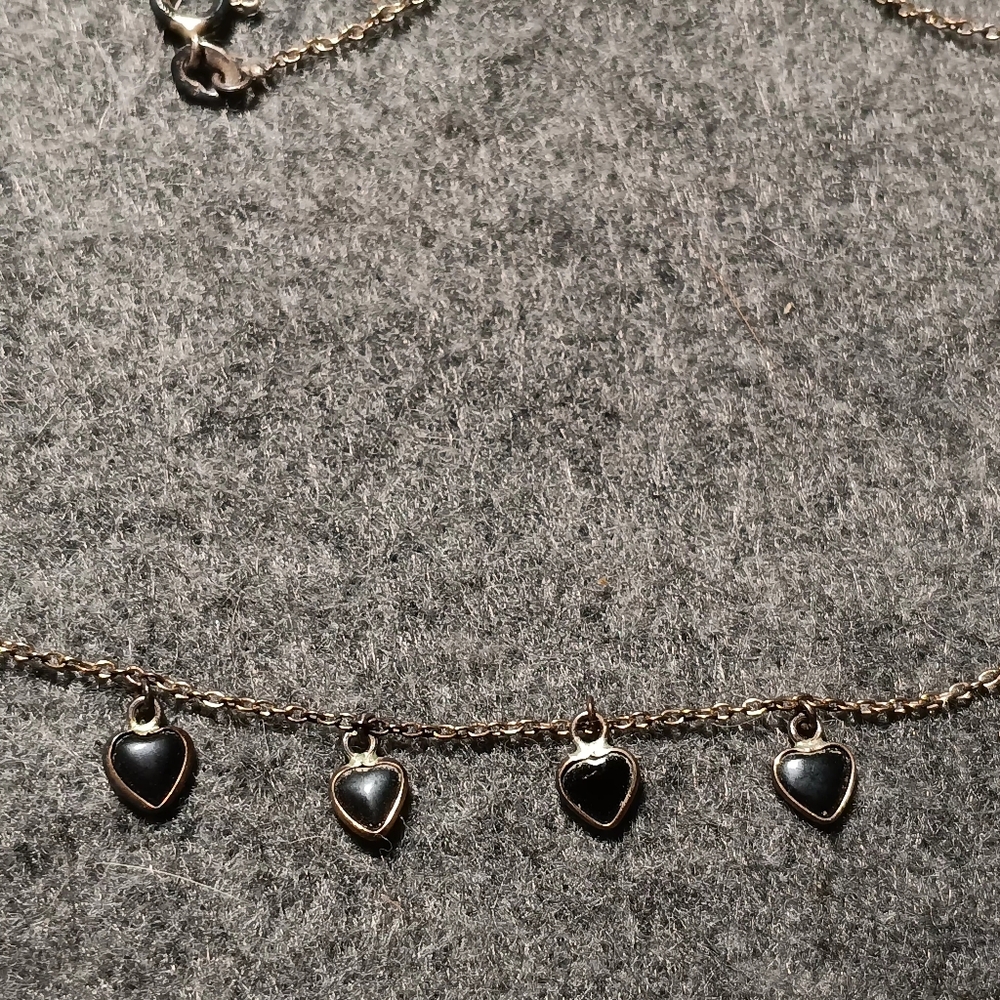 Antique  thin solver necklace 5 tiny black hearts
